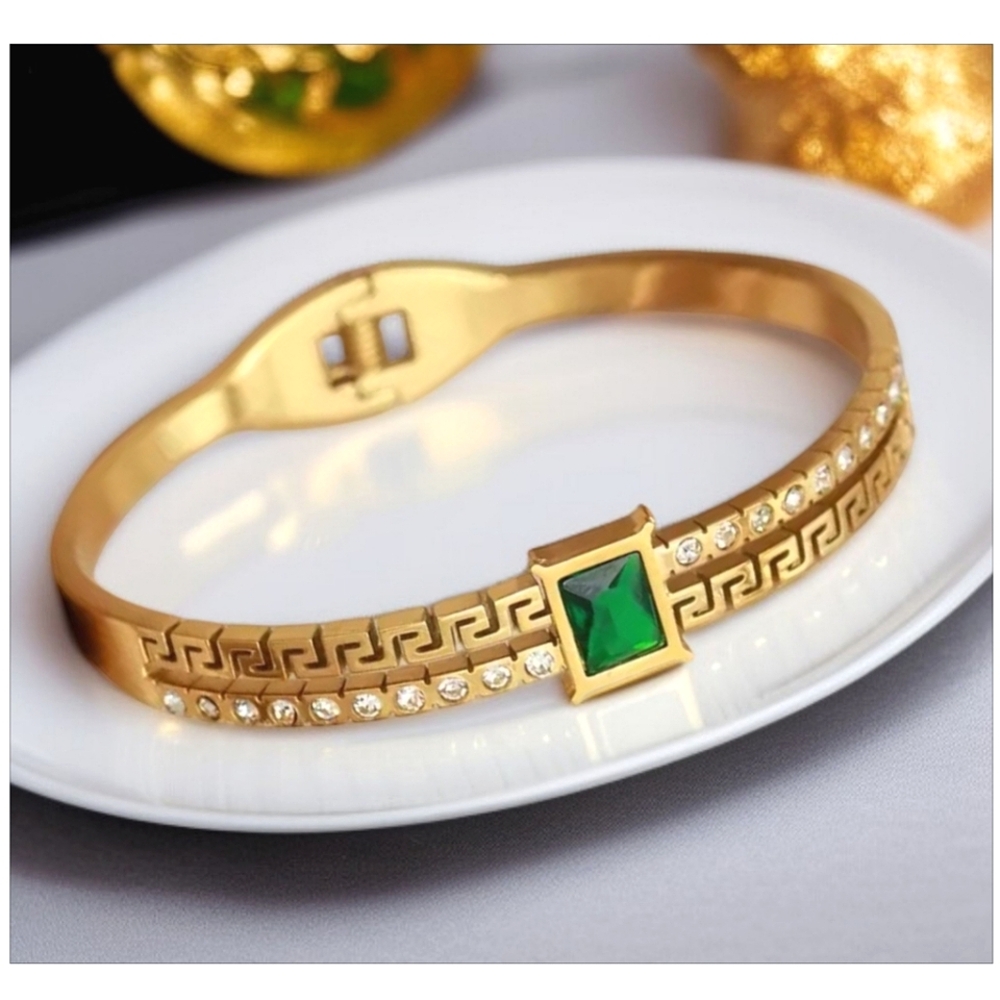 Gold Greek Key Zircon Emerald Crystal Plated